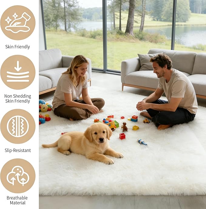 10x14 Area Rug Fluffy Shaggy Ultra Soft Faux Fur Non-Slip Machine Washable Carpet for Bedroom, Living Room, Nursery & Dorm Cozy Home Decor