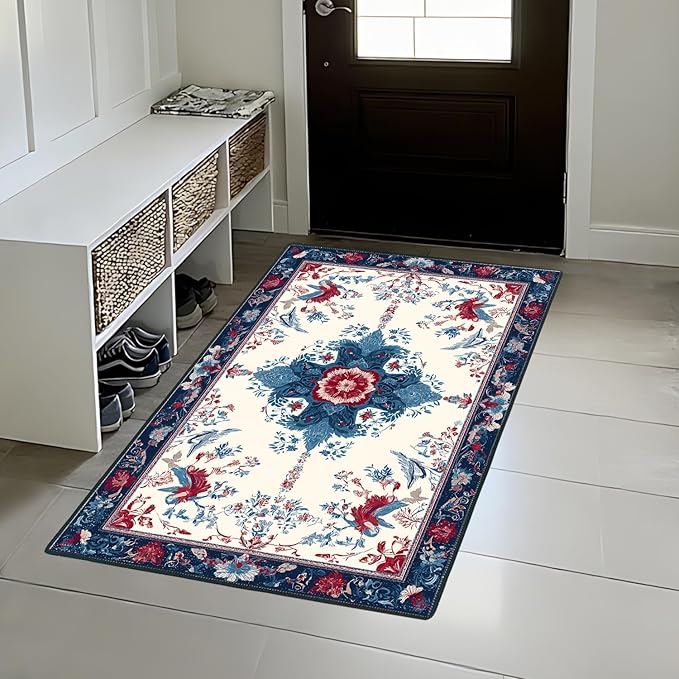 Area Rug 2x3 ft Entry Rug Washable Boho Rugs Non Slip Low Pile Floral Door Mat Small Carpet for Nursery, Bedroom, Bedside, Kids Room, Office, Dining Room