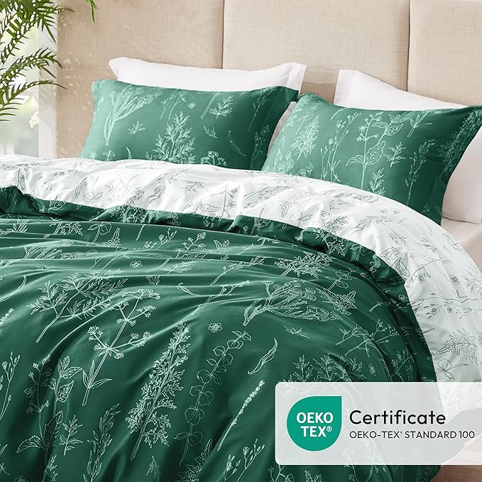 Love's cabin Emerald Comforter Set Queen - Queen Size Comforter Set, 3 Pieces Cute Floral Bedding Sets for All Seasons,1 Soft Reversible Botanical Flowers Comforter and 2 Pillow Shams