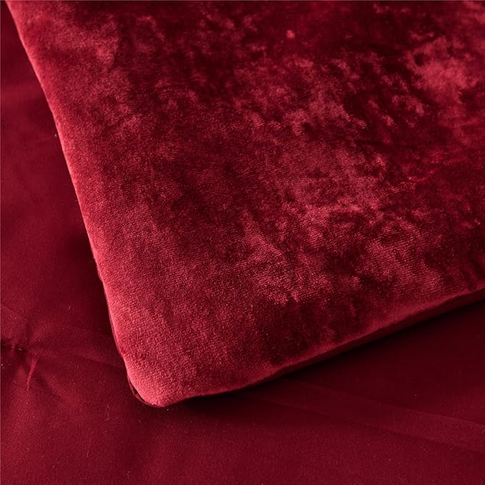 Fredsure Distressed Velvet Comforter Set, 5 Pieces Burgundy Red King, Distressed Velvet Face and Brushed Microfiber Reverse