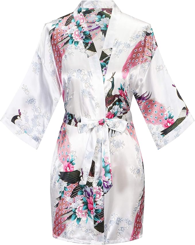Women's Short Kimono Robes Bride and Bridesmaid Satin Floral Bathrobe Peacock Sleepwear Dressing Gown for Wedding Party