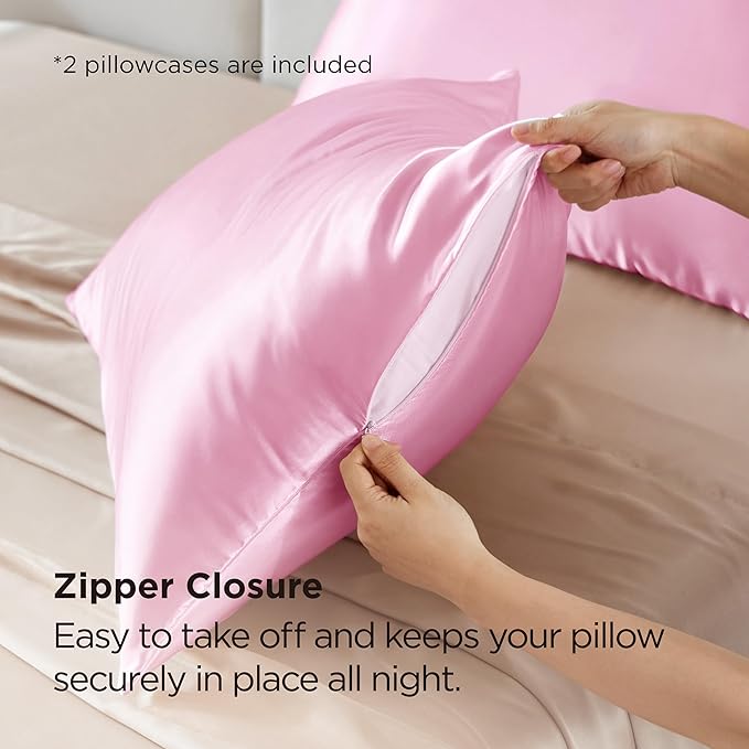 Bedsure Satin Pillowcase with Zipper, Similar to Silk Pillow Cases 2 Pack, Satin King Size Pillow Cases Set of 2, Silky & Soft Pillow Cover for Hair and Skin, Gifts for Women Men, Pink, 20x36 Inches