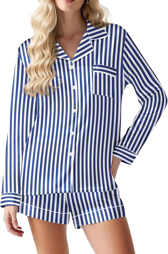 Ekouaer Satin Pajama Set for Women Button Down Pj Set Long Sleeve Top and Shorts 2 Piece Loungewear Summer Soft Sleepwear