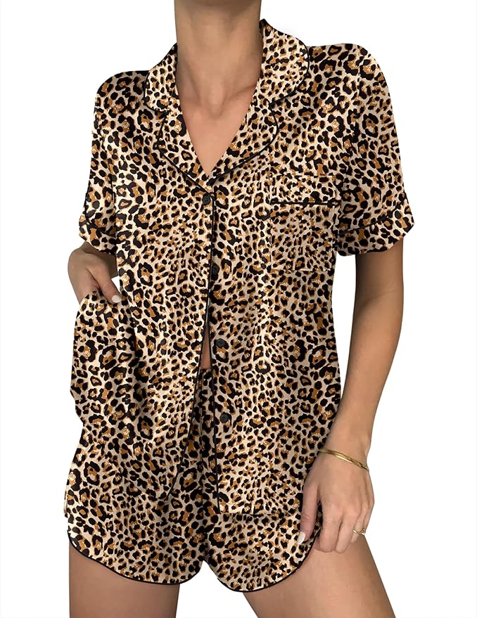Ekouaer Womens Silk Satin Pajama Sets 2 Piece Button Down Silk Pjs Shorts Sets Cute Print Short Sleeve Sleepwear S-4XL