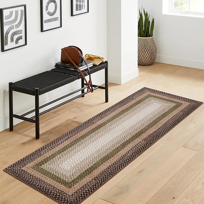 RUGSREAL Hallway Runner Rug 2x6 Braided Area Rug Machine Washable Kitchen Rug Farmhouse Runner Carpet Non Slip Stain Resistant Rustic Runner Modern Printed Carpet for Living Room Bedroom, Moss/Brown