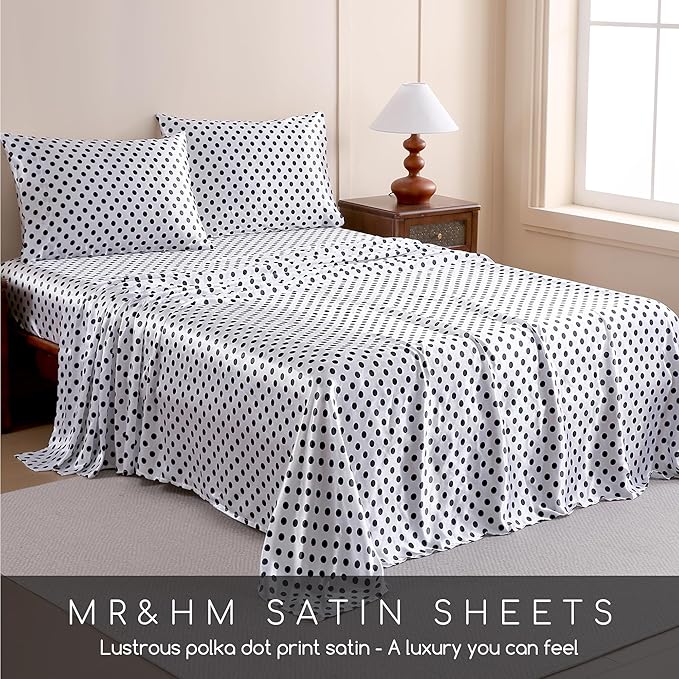 MR&HM Satin Bed Sheets with Elastic Corner Straps, King Size Sheets Set, 4 Pcs Silky Bedding Set with 15 Inches Deep Pocket for Mattress (King, Polka Dot)
