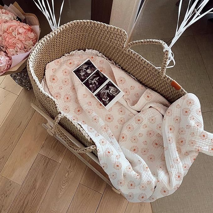 meowcards Muslin Swaddle Blankets for Baby, Unisex Baby Boys Girls Essentials, Large 47 x 47 inches, Boho Receiving Blankets Newborn Registry Must Haves (Flower-A, Simple)