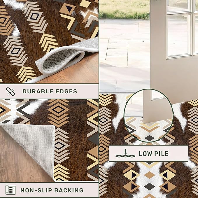 Western Runner Rug,2x8ft,Farmhouse Cow Print Runner Rug,Southwestern Native American Aztec Kitchen Rugs,Soft Non-Slip Washable Rustic Cabin Decor Cowhide Rugs,for Hallways Entry Western Decor