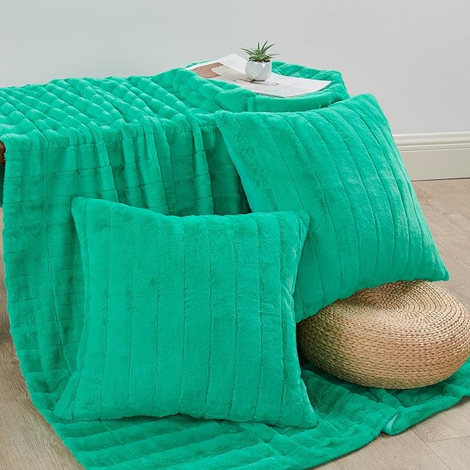 Striped Throw Blanket and Pillow Covers Set (No Inserts) for Couch and Bed, Plush Warm Lightweight Fuzzy Faux Fur Blanket for All Seasons (60" x 80", Green)