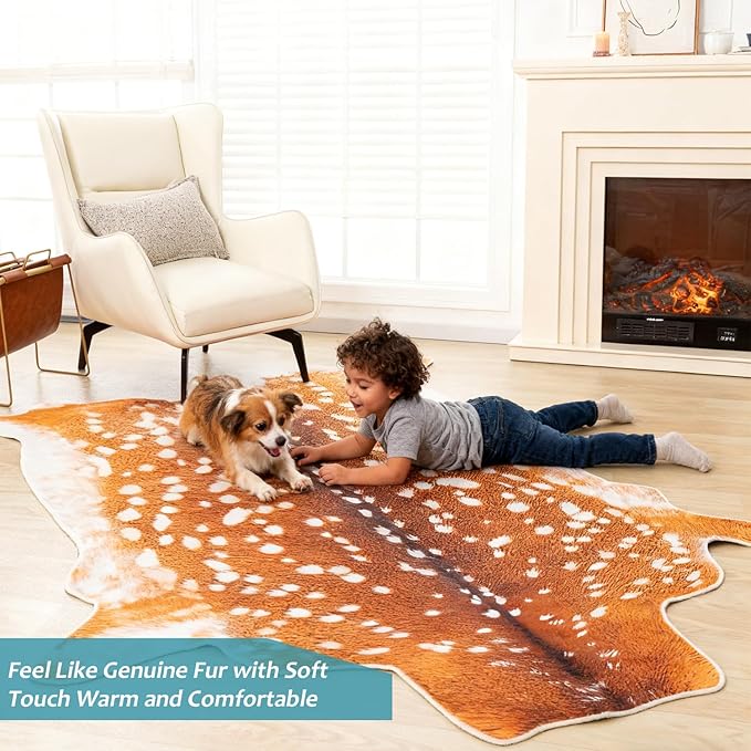 Deer Rug Faux Fur Deer Print Rug, 4.6x5.2 Feet Irregular Shaped Animal Hide Rugs, Soft Faux Cashmere Antelope Fawn Carpet for Living Room, Bedroom, Cabin, Lodge Western Home Decor
