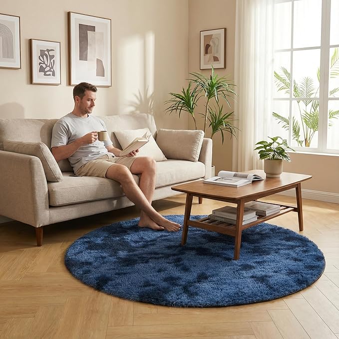 duduta Navy Blue Fluffy Round Rug 4x4 ft, Tie-Dyed Shag Fuzzy Plush Circle Throw Rug for Nursery Bedroom Living Room Home Decor