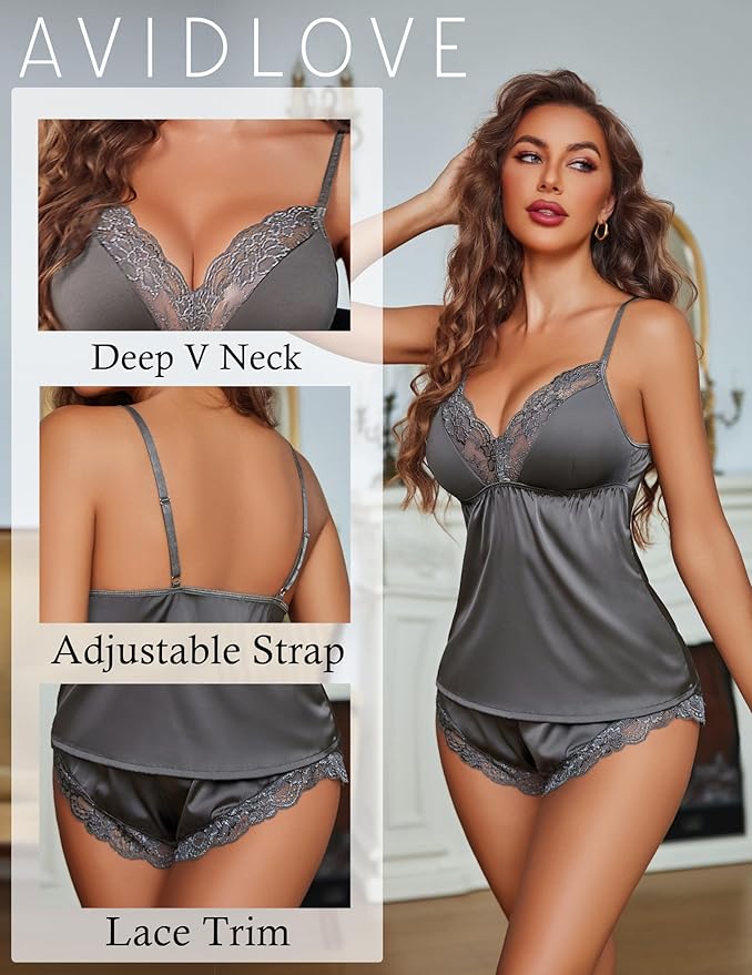 Avidlove Satin Pajamas Set Womens Lace Sleepwear Sexy Lingerie Cami Shorts Set S-XXL
