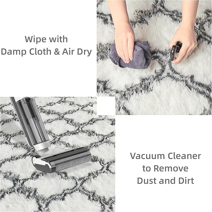 Litanika 4x6 Geometric Shag Area Rug for Bedroom, White and Grey High Pile Ultra Soft Plush Shaggy Furry Bedside Playroom Dorm Carpet, Non-Slip, Non-Shedding Indoor Floor Rug