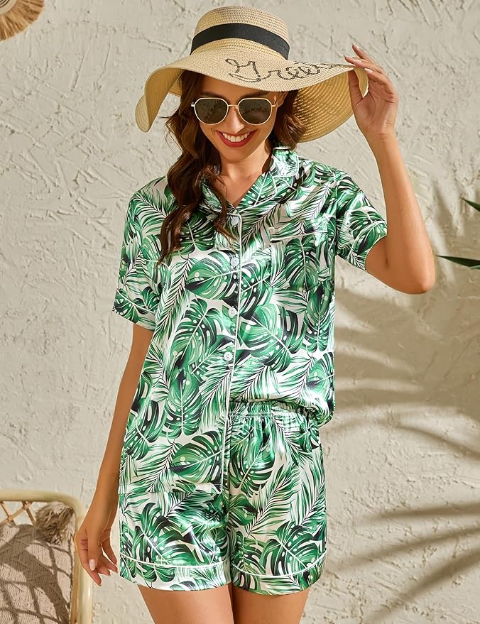 LecGee Womens Silk Satin Pajamas Short Sleeve Loungewear Two-Piece Sleepwear Button-Down Pj Set