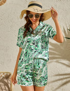 LecGee Womens Silk Satin Pajamas Short Sleeve Loungewear Two-Piece Sleepwear Button-Down Pj Set