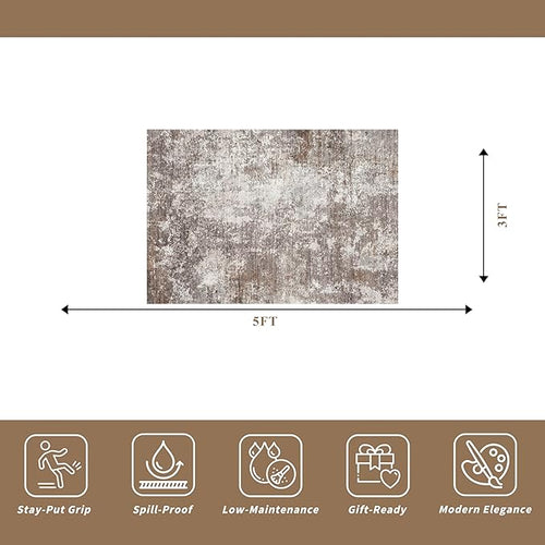 3x5 Washable Entryway Rug – Non-Slip Rubber Backed Small Area Rug for Kitchen, Bedroom, Living Room, Office – Soft Low-Pile Thin Modern Abstract Neutral Throw Rug (Brown Beige, 3x5)
