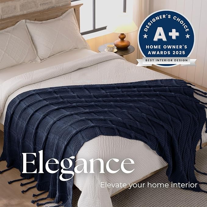 Boho Knitted Chenille Blanket with Tassels - Lightweight & Soft All-Season Throw - 3D Classic Pattern for Living Room Bedroom Couch, Royal Blue, Twin 60"x80"