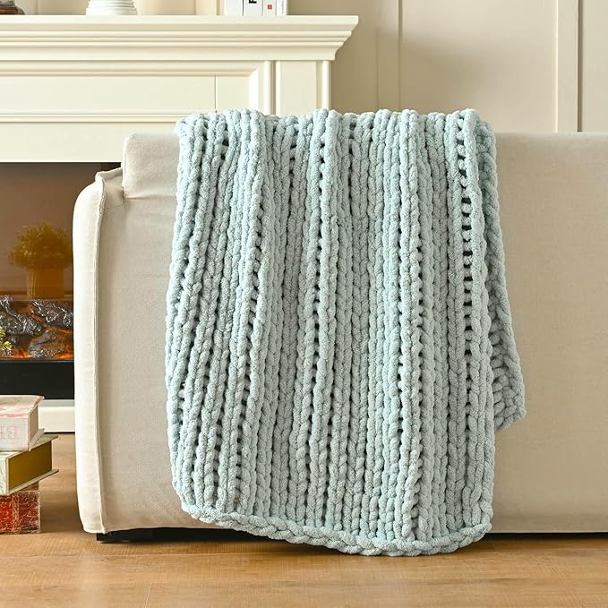 Esterra Chunky Knit Blanket Throw 60"x80", 100% Hand Knitted Chenille Throw Blanket, Cozy Soft Thick Cable Knit Throw Large Rope Knot Crochet Throw Blanket for Sofa Couch Bed, Sky Blue