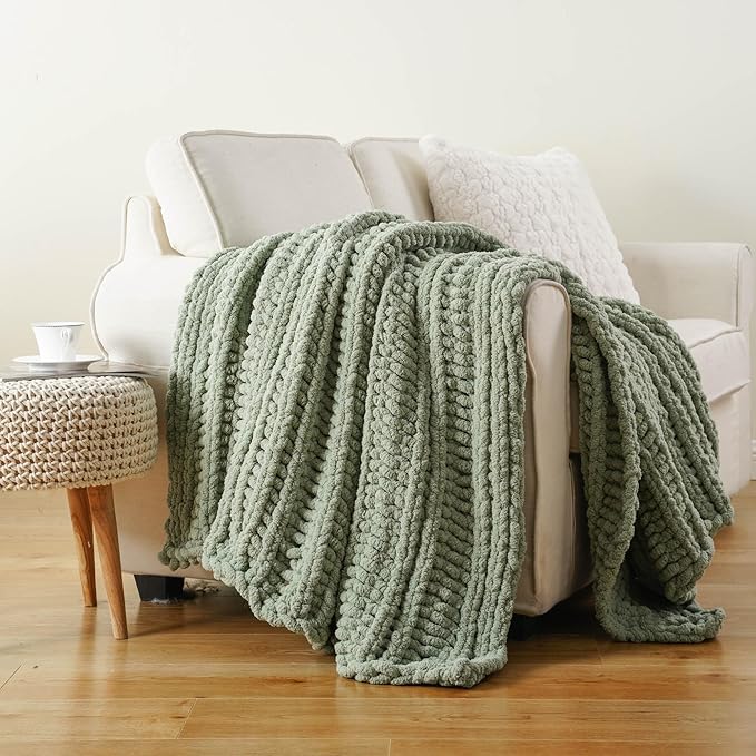 Battilo Chunky Knit Blanket Throw，Sage Throw Blanket for Couch, Thick Warm Soft Cozy Knitted Chenille Throw Blanket for Sofa, Bed, Living Room, 50"x60"