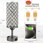 Hong-in Gray Crystal Lamp Touch Control Set of 2, Crystal Table Lamps with USB C+A Ports & AC Outlet, 3-Way Dimmable Nightstand Touch Lamp, Modern Bedside Table Lamp for Bedroom(Bulbs Included)