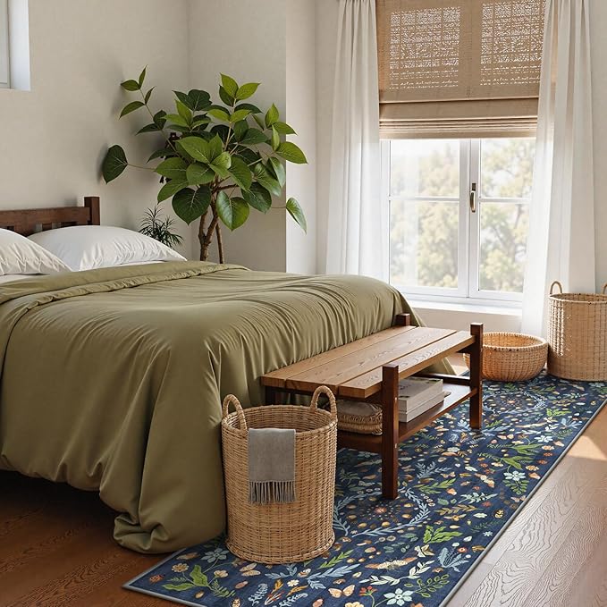 Lahome Chloe Insect Botanical 2x6 Runners for Hallways Non Slip, Blue Bathroom Kitchen Runner Rugs Non Skid Washable, Boho Soft Indoor Carpet for Entryway Laundry Bedroom(Dark Blue,2x6)