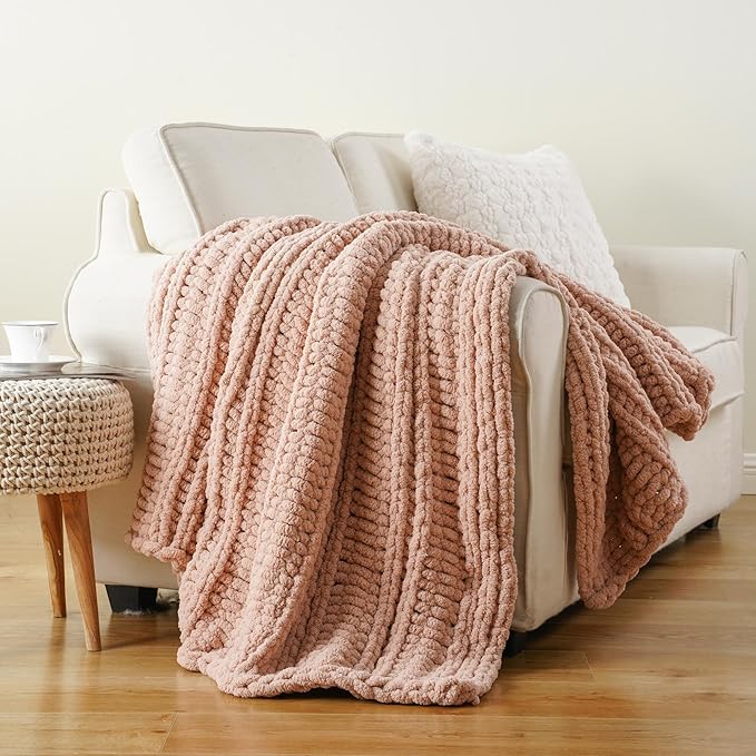Battilo Chunky Knit Throw Blanket for Couch, 50"x60", Pink Chenille Throw Blanket, Super Soft Cozy Warm Cable Knitted Blankets for Bed, Sofa, Living Room