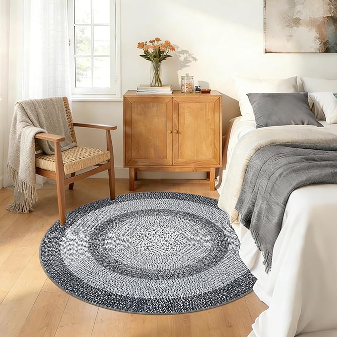 Modern Bordered Round Area Rug 4ft Washable Bedroom Circle Rugs Non Slip Stain Resistant Dining Room Round Throw Carpet Contemporary Circle Mats for Living Room Kitchen Nursery, Grey