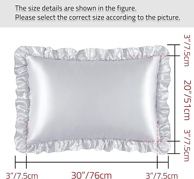 Silky Satin Ruffled Pillow Cases for Hair and Skin,Light Gray Silk Pillowcases Queen Set of 2 with Envelope Closure Princess Room Decoration