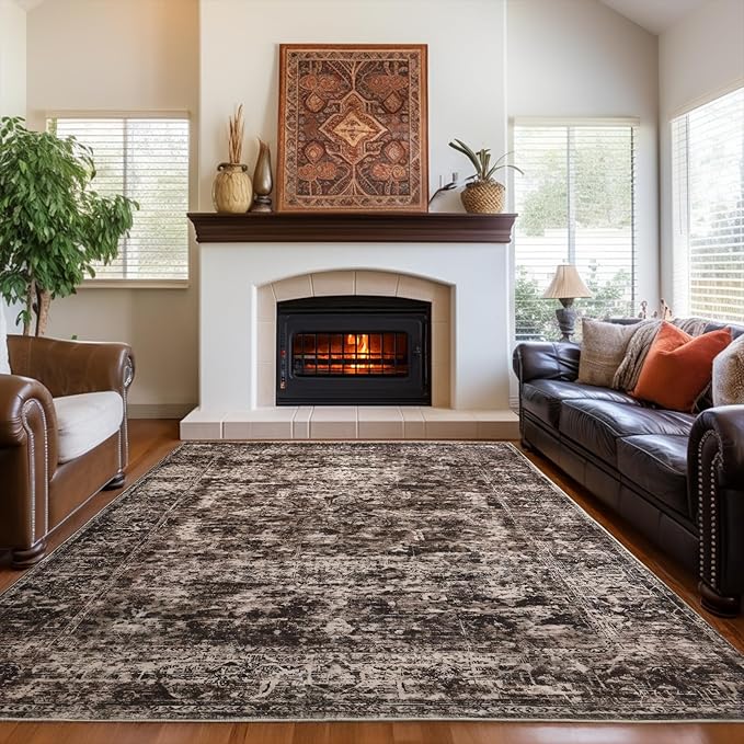 CRYPTOLITE Rugs for Living Room, 9x12 Large Area Rugs Ultra Soft Washable, Vintage Boho Faux Wool Carpet for Dining Room, Bedroom, Office, Home Decor (Brown)