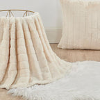 Striped Throw Blanket and Pillow Covers Set (No Inserts) for Couch and Bed, Plush Warm Lightweight Fuzzy Faux Fur Blanket for All Seasons (50" x 60", Cream)