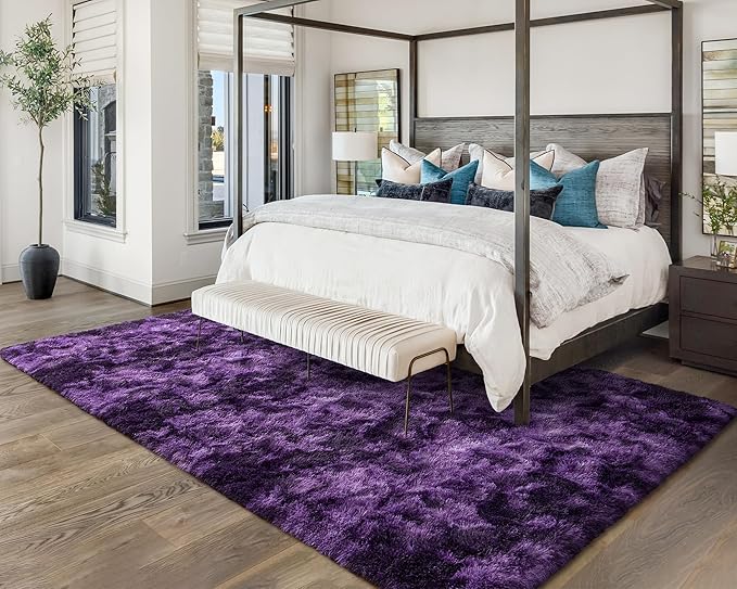 Softlife Dark Purple Area Rug for Living Room, Fluffy Shag Plush 6x9 Rugs for Bedroom Girls Kids, Shaggy Soft Fuzzy Tie Dyed Large Carpet for Dorm Bedside Ultra Cozy Non-Slip Indoor Decor