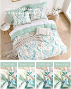 ALEISSEL Botanical Cotton Comforter Queen Size 3Pcs - Cute Garden Floral Design with Green Leaves & Coral and Pink Flowers,Sage Striped Reverse,Lightweight Reversible Bedding Sets(Full/Queen,90"×90")
