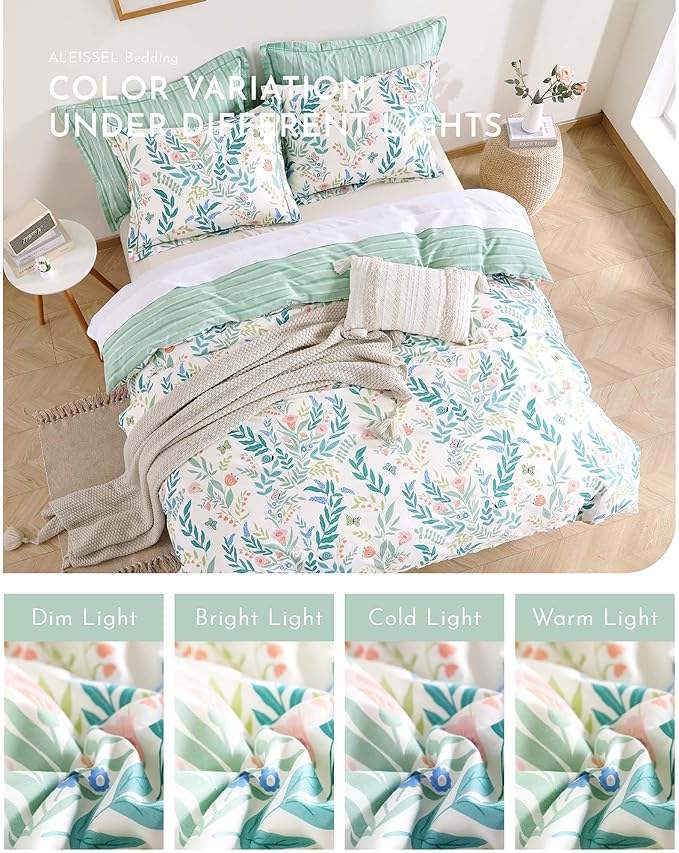 ALEISSEL Botanical Cotton Comforter Twin Size 2Pcs - Cute Garden Floral Design with Green Leaves & Coral and Pink Flowers,Sage Striped Reverse,Lightweight Reversible Bedding Sets(Twin,68"×90")