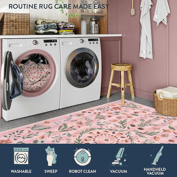 Lahome Chloe Insect Botanical 2x3 Small Pink Rugs for Bedroom Washable Bathroom Rugs, Boho Floral Door Mat Indoor Entrance, Soft Non-Slip Indoor Throw Carpet for Bedside Entryway Laundry(Pink,2'x3')