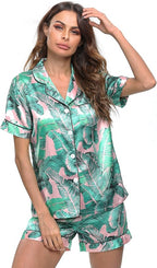 SWOMOG Womens Silk Satin Pajamas Set Short Sleeve Sleepwear Button Down Top and Shorts Loungewear 2 Piece Pjs Set XS-3XL