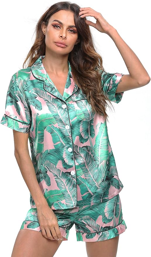 SWOMOG Womens Silk Satin Pajamas Set Short Sleeve Sleepwear Button Down Top and Shorts Loungewear 2 Piece Pjs Set XS-3XL