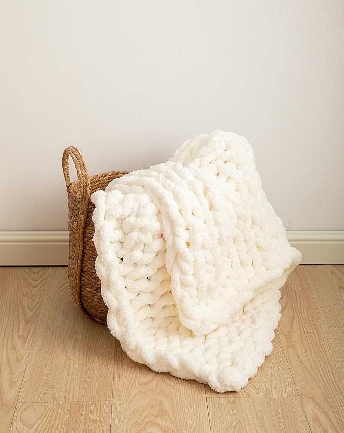 Chunky Knit Blanket Soft Chenille Yarn Knitted Throw Blanket 50"X60" Handmade Cable Warm Thick Giant Blanket for Couch Bed Trips (White, Throw 50"X60")?-¡­