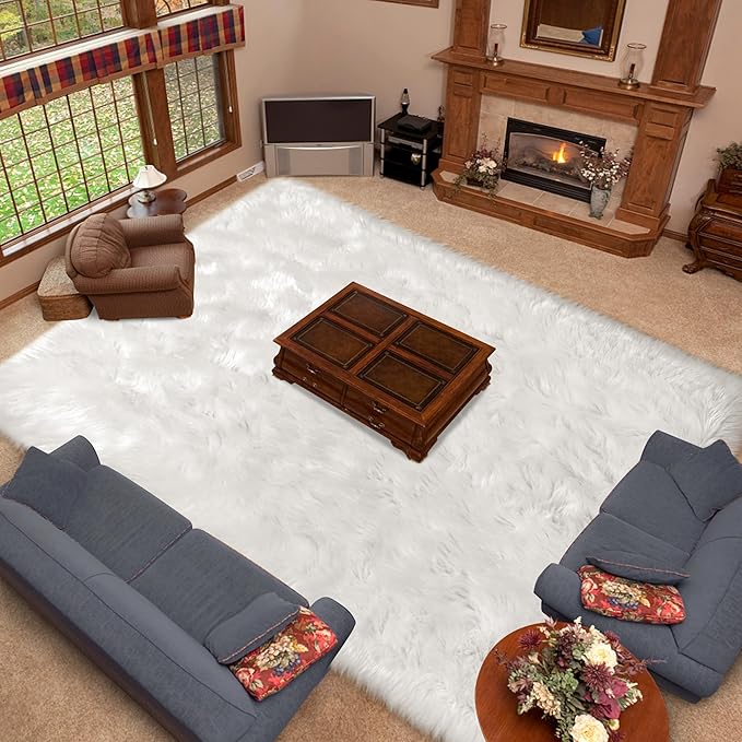 White Faux Fur Sheepskin Rug 6x9 Fuzzy Fur Rug Fluffy Carpet for Living Room Bedroom Luxury Room Decor, Washable Large Area Rugs for Kids Room Nursery Playroom