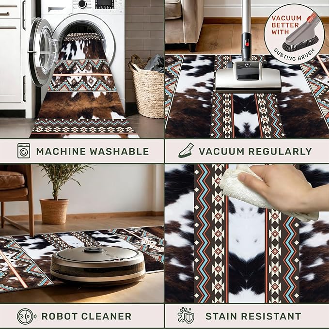 Western Cow Hide Kitchen Runner Rugs,2.6x7ft,Rustic Brown Cowprint Rugs,Southwestern Aztec Native American Rug,Faux Fur Animal Print Cabin Runner Rug,Soft Non-Slip for Bedside Hallway Entryway