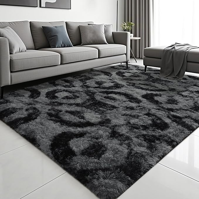 ISEAU 8x10 Area Rug for Living Room, Charcoal Gray Geometric Pattern Plush Rug for Bedroom, Kitchen, Soft Shaggy Carpets, Fluffy and Machine Washable Mats, Nursery Floors Mat, Boys Room Carpet Decor