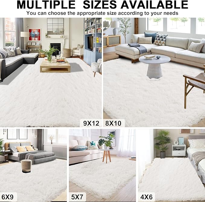 Soft Shag Area Rugs for Living Room White, Fluffy Furry Shaggy Fuzzy Area Rug 4x6, Upgrade Non-Slip Rectangular Shag Carpet, High Pile Soft Throw Rug for Bedroom and Kids Room, Home Decor Aesthetic