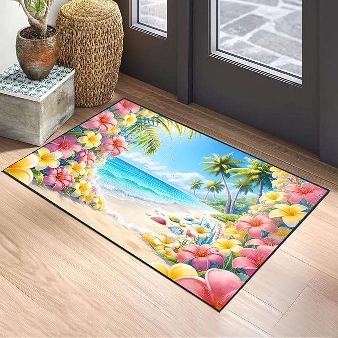 Tropical Flowers Area Rug 2x3 ft Entry Rug Washable Boho Rugs Non Slip Low Pile Floral Door Mat Small Carpet for Bedroom, Bedside, Kids Room, Office, Dining Room