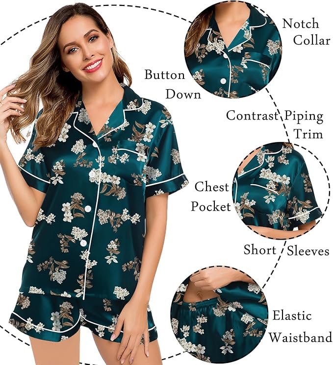 LecGee Womens Silk Satin Pajamas Short Sleeve Loungewear Two-Piece Sleepwear Button-Down Pj Set