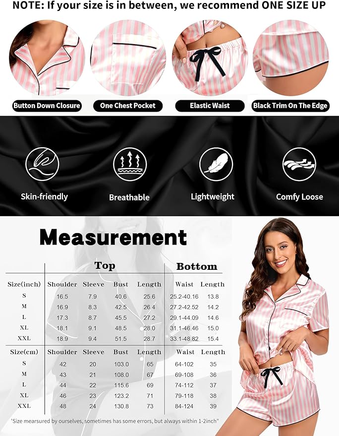 Silk Pajamas for Women Satin Womens PJ Set 2 Piece Short Lounge Set Summer Sleepwear Notch Collar Button-Down Pjs