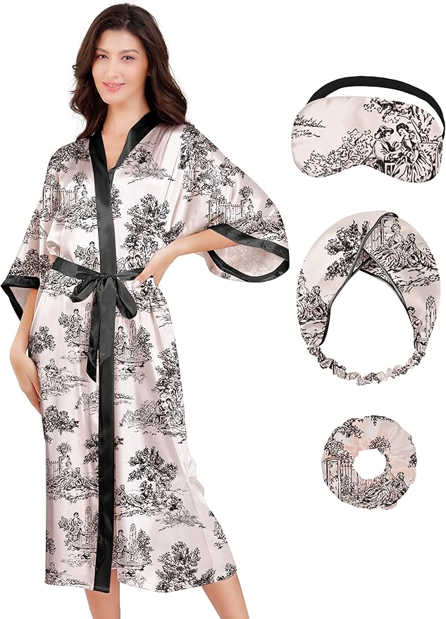 EPLAZA Silk Robes for Women Satin Robe Long Sexy Print Flower Kimono Loungewear Wedding Bridal Party