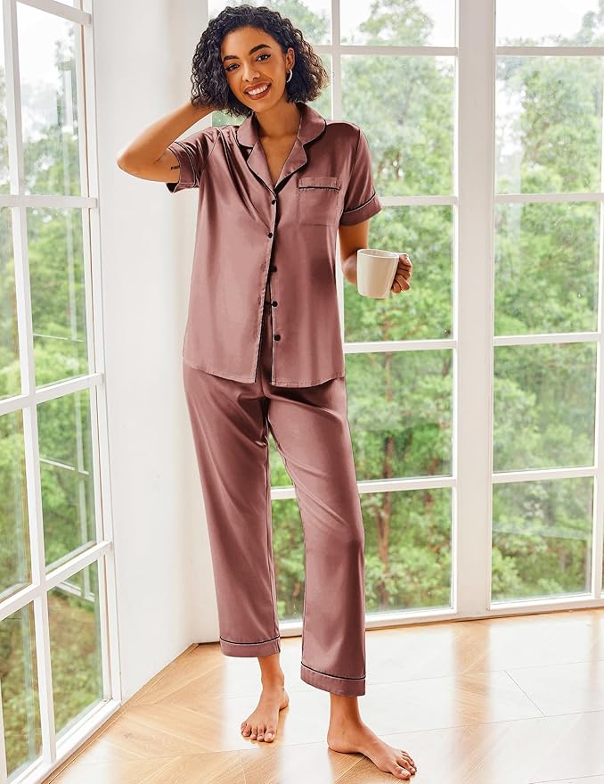 Ekouaer Silk Satin Pajamas Set Women Short Sleeve Sleepwear Soft Button Down Loungewear Pjs Set