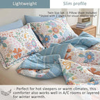 ALEISSEL Blue Floral Cotton Comforter Twin Size - Vibrant Artistic Blooms & Boho Geometric Patterns, White & Soft Blue, 2PC Lightweight Bedding Sets with Down Alternative Fill(68"×90")