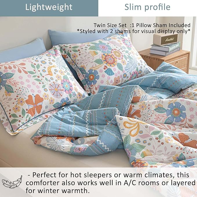 ALEISSEL Blue Floral Cotton Comforter Twin Size - Vibrant Artistic Blooms & Boho Geometric Patterns, White & Soft Blue, 2PC Lightweight Bedding Sets with Down Alternative Fill(68"×90")