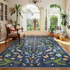 Lahome Chloe Insect Botanical Washable 8x10 Area Rugs for Living Room, Non Slip Blue Rug for Bedroom, Boho Indoor Throw Dining Room Carpet for Under Table Home Office Playroom(Dark Blue,8x10)