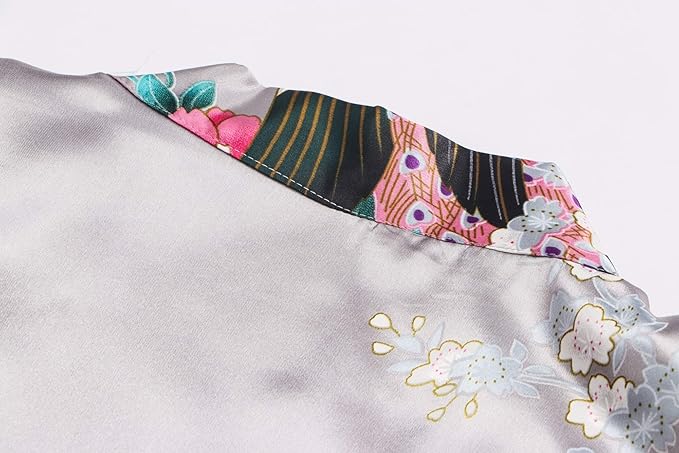 Women's Short Kimono Robes Bride and Bridesmaid Satin Floral Bathrobe Peacock Sleepwear Dressing Gown for Wedding Party